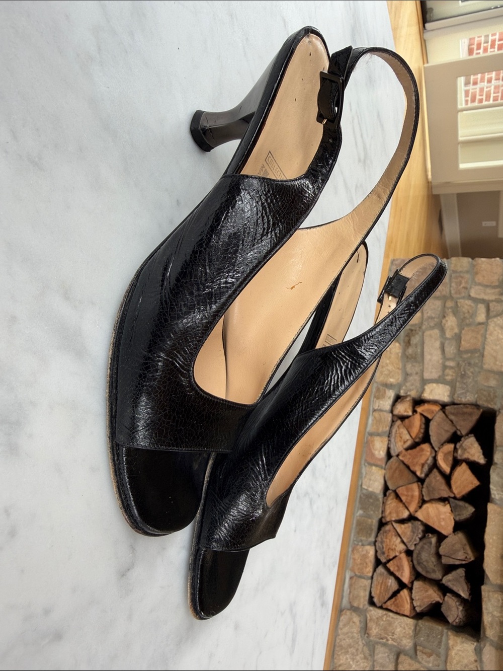 Black Leather Slingback Peep-Toe Heels